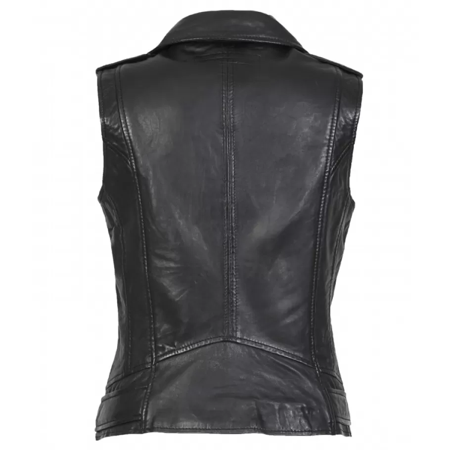 OAKWOOD Kylie 6 Noir - Blouson Sans Manches Esprit Biker En Cuir Veritable New