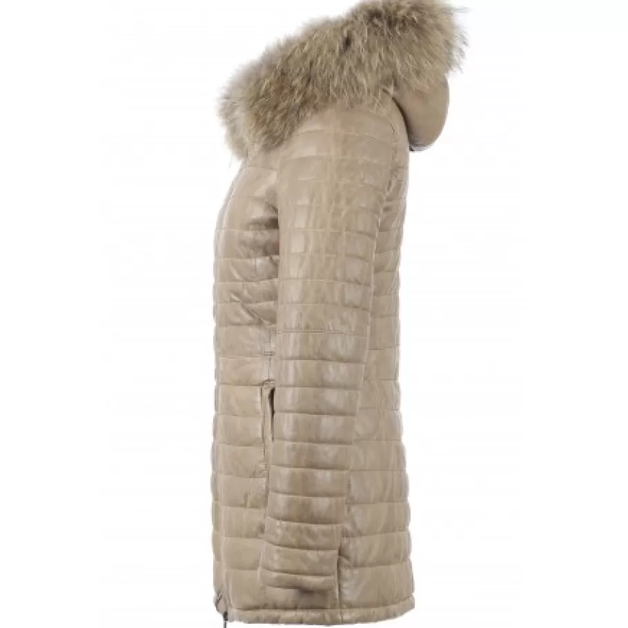 OAKWOOD Popping Beige Fonce - Doudoune Longue En Cuir Veritable Bicolore Clearance