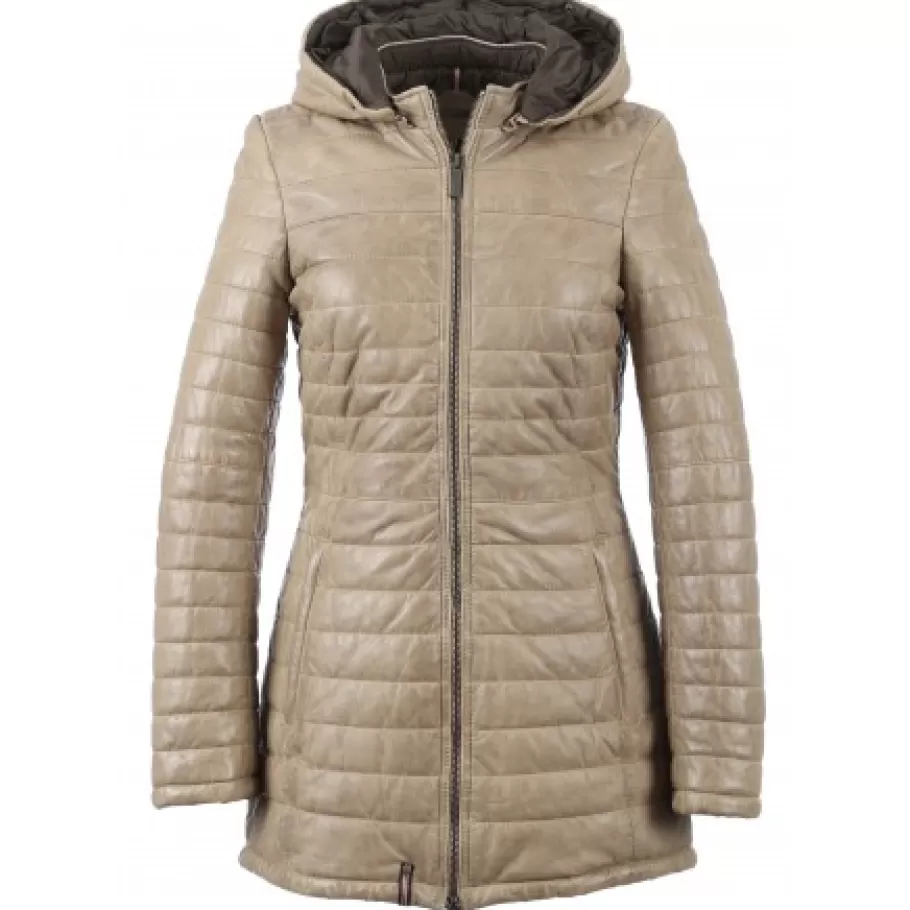 OAKWOOD Popping Beige Fonce - Doudoune Longue En Cuir Veritable Bicolore Clearance
