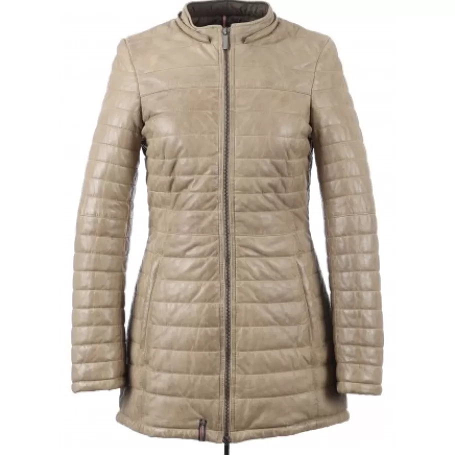 OAKWOOD Popping Beige Fonce - Doudoune Longue En Cuir Veritable Bicolore Clearance