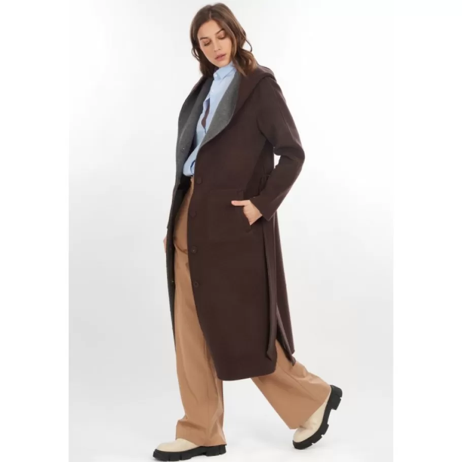 OAKWOOD Positano Bi Marron Fonce/Gris - Manteau Long En Laine A Capuche Online