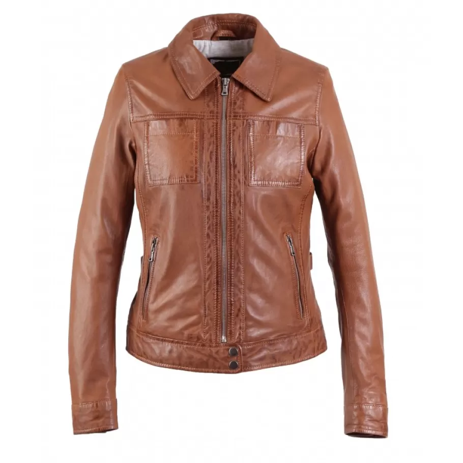 OAKWOOD Recital 6 Cognac - Blouson Col Chemise En Cuir Veritable Effet Lave Cheap