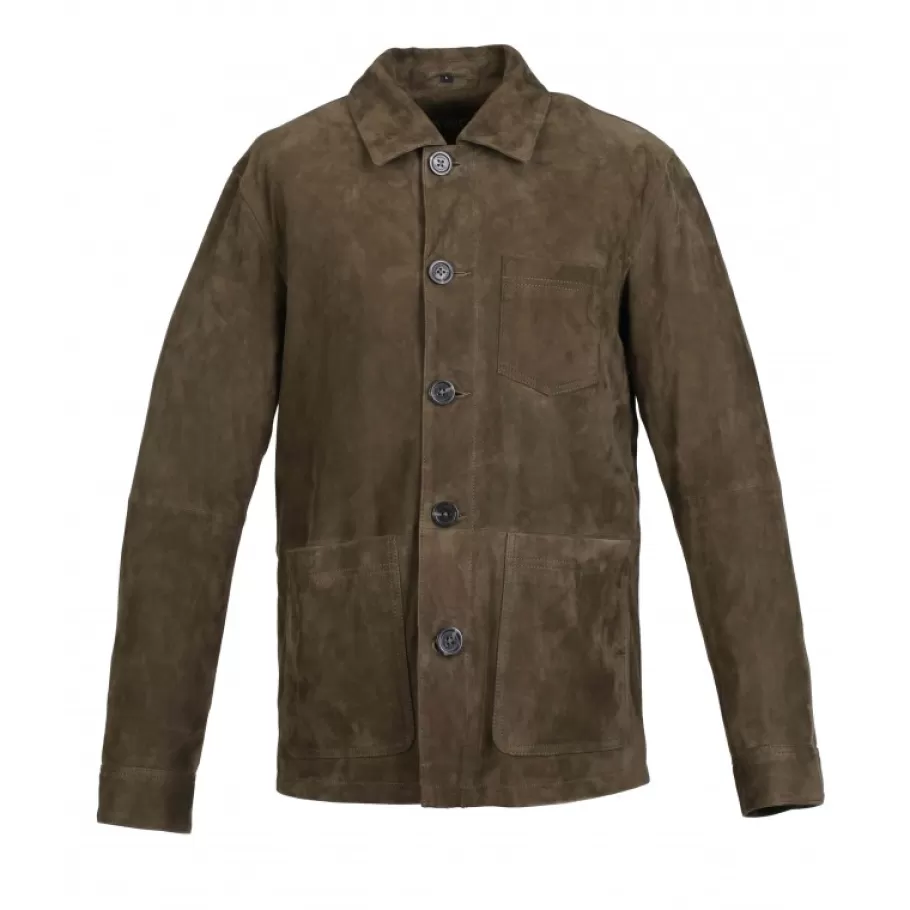 OAKWOOD Riccardo Vert Fonce - Veste Col Chemise En Cuir Veritable De Chevre Velours Best