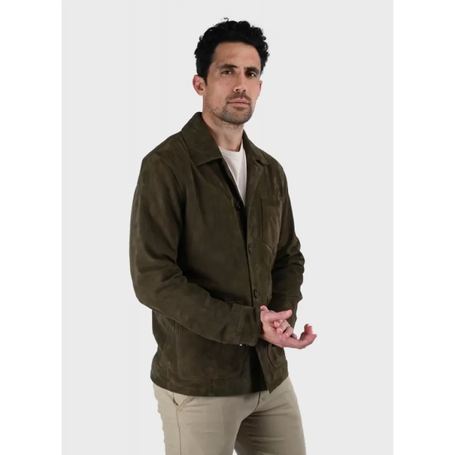 OAKWOOD Riccardo Vert Fonce - Veste Col Chemise En Cuir Veritable De Chevre Velours Best