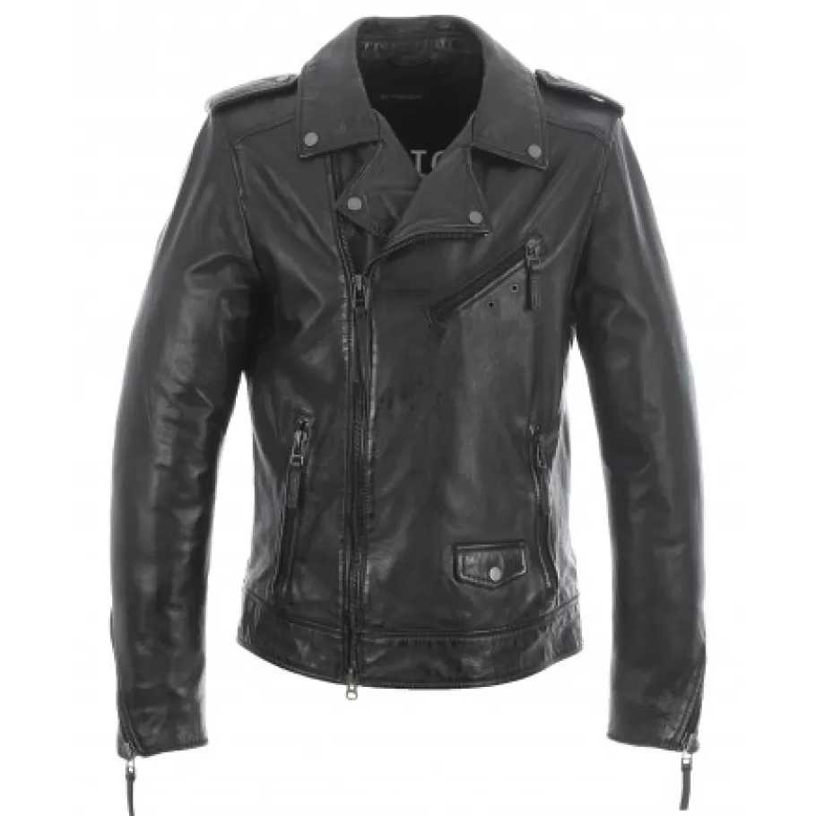 OAKWOOD Soldier Noir - Blouson Biker A Fermeture Asymetrique En Cuir Veritable Effet Lave Store