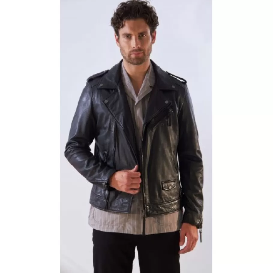 OAKWOOD Soldier Noir - Blouson Biker A Fermeture Asymetrique En Cuir Veritable Effet Lave Store