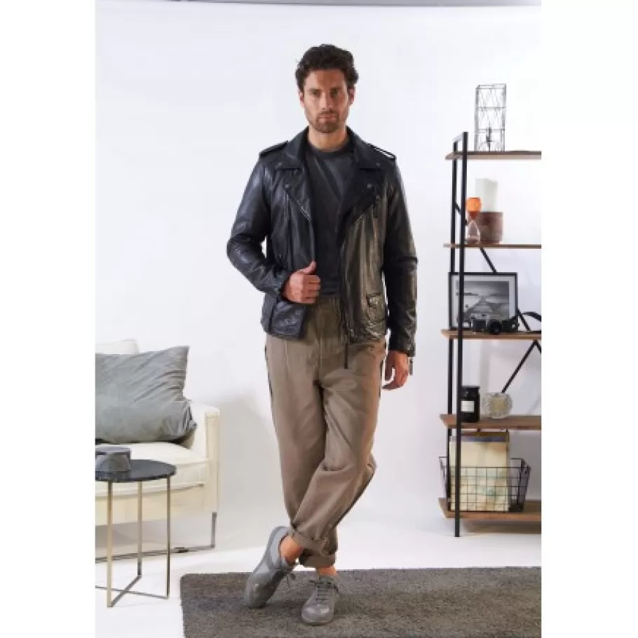 OAKWOOD Soldier Noir - Blouson Biker A Fermeture Asymetrique En Cuir Veritable Effet Lave Store