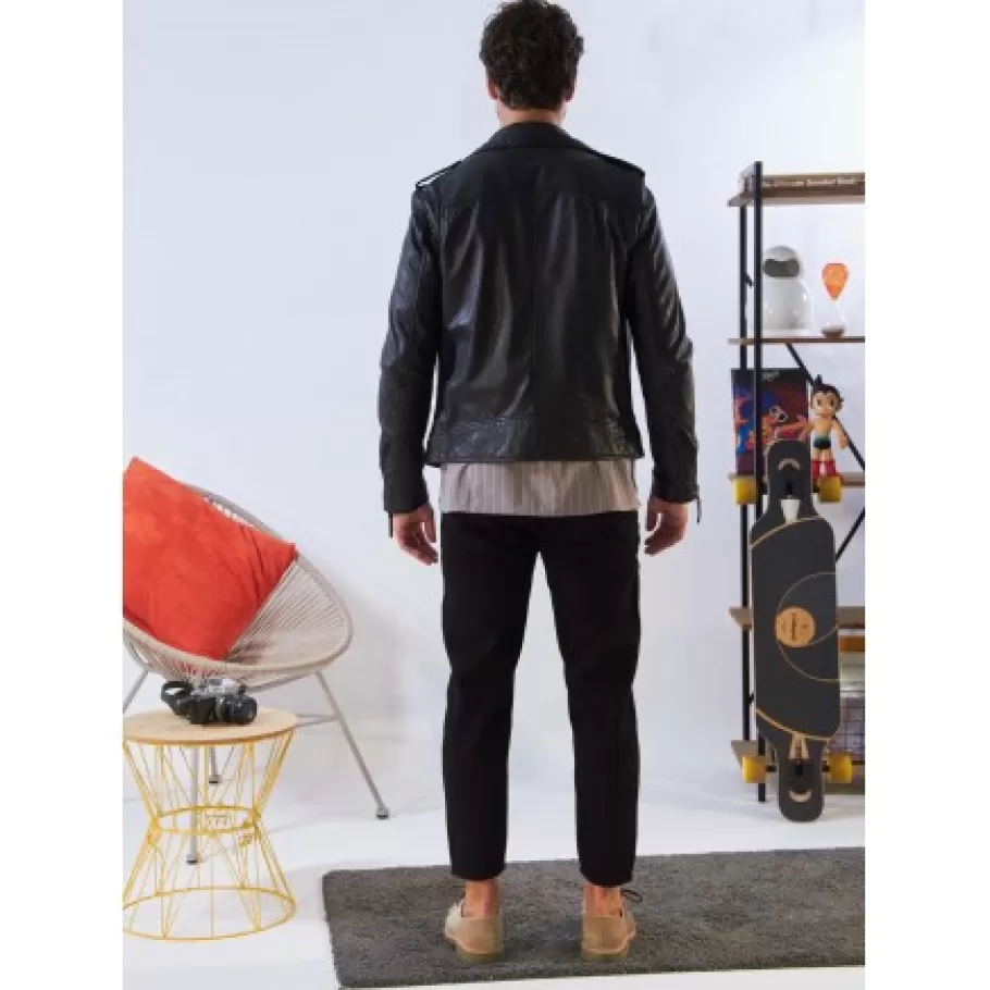 OAKWOOD Soldier Noir - Blouson Biker A Fermeture Asymetrique En Cuir Veritable Effet Lave Store